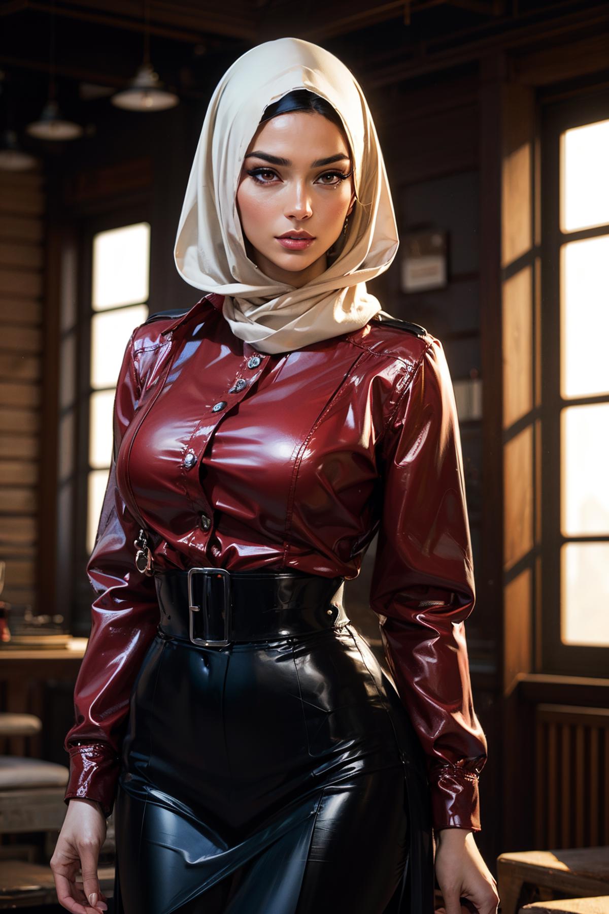 1girl, (hij4b:1.2),,(black leather skirt, open red  coat, white shirt), cowboy shot, , <lora:hijab:0.6>
, 8K, highres, (re...