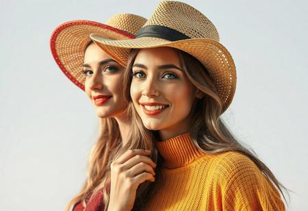 same beautiful woman in different hats, screen quartered