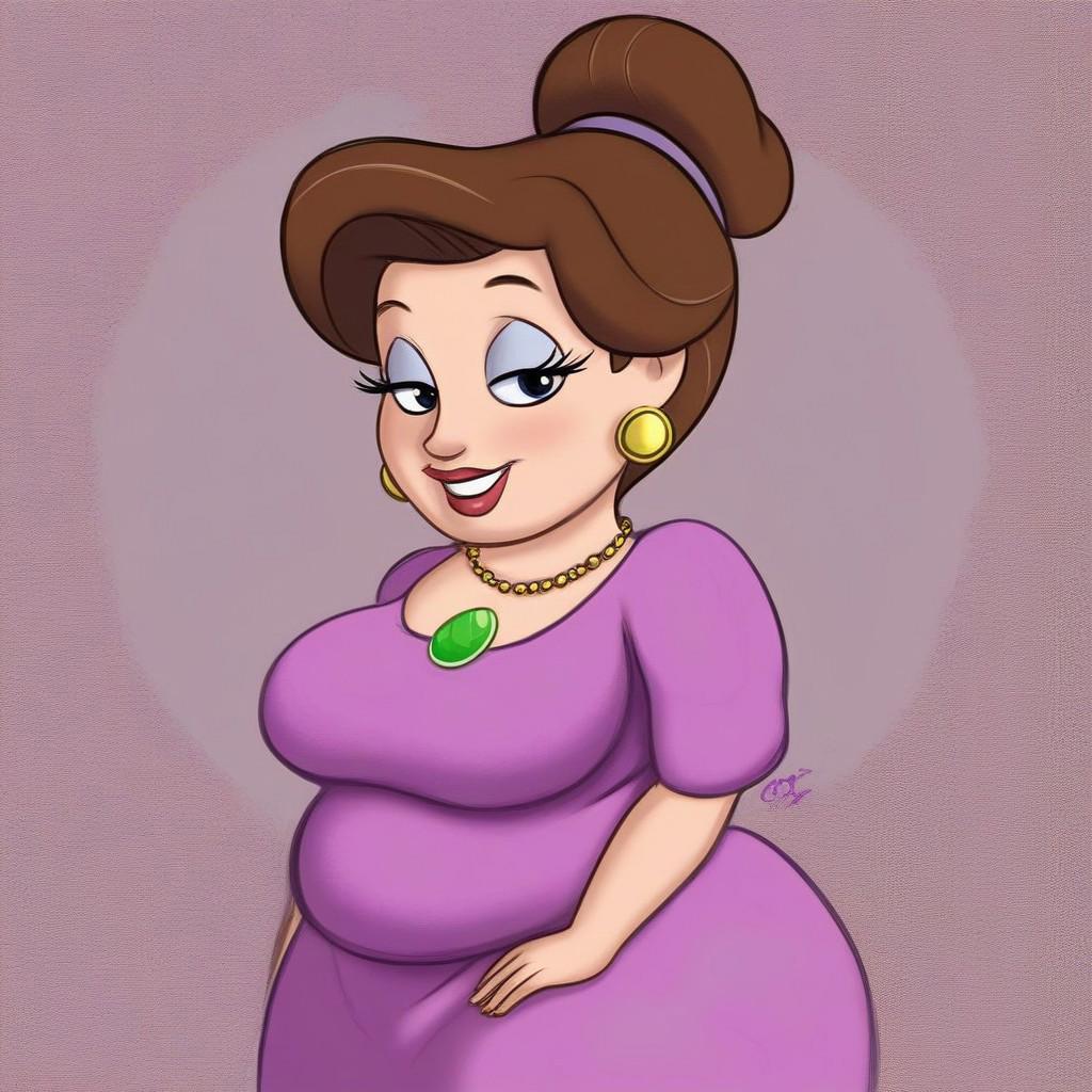 plump, chubby, brown hair, mature woman, pink and purple dress, earrings, makeup, green gem necklace, Disney artstyle