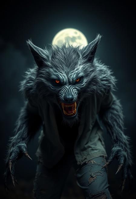 UHD, horror movie still, photograph, full-body portrait of scary horrifying furry grey wolfman with reflective eyes snarling at viewer wearing ripped open ruined torn shirt and pants, sharp nails, night, full moon, cinematic realism, high action pose, perfect pupils, insanely detailed faces, correct digits, realistic skin, intricately detailed filthy place, film grain, HD, 8k, volumetric lighting, clear -dark, smoky, dimly lit, hair backlight, ear backlight, volumetric lighting, perfect eyes, perfect pupils, expressive eyes