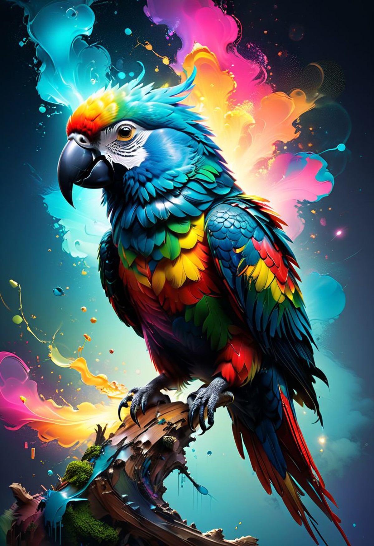 Splashes of multicolored paint blending together forming the perfect silhouette of a colorful parrot, Ara Macao, perched o...