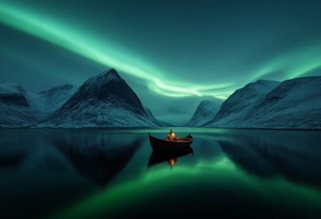 landscape, Norway, mountains, sea, fog, rain, 1 small wooden boat, jetty, armoured knight sitting on the boat, longing for a brighter future. the boat is in the middle of the water,  northern lights,the knight is big compare to the boat , ultra tiny oil lamp light underseat of the boat,
high contrast, stylized, clear, surreal, ultra quality , 8k, best quality, masterpiece, textural, artistic, midjourneyv6.1,