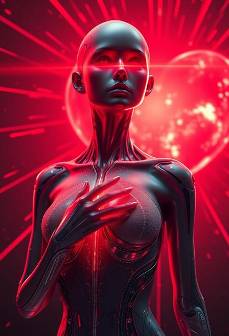 A thin cyber-woman grabbing own breast, a red beam of the brightest light in the universe flies out of the chest, rays of bright red light come from the eyes, background a huge nuclear heart blast, 
