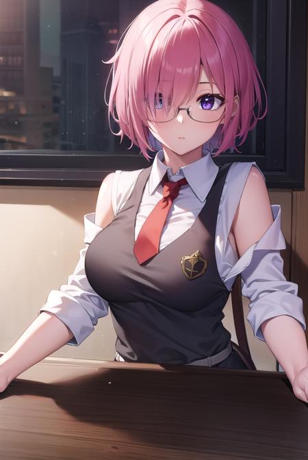 mashkyrielight, <lyco:mashkyrielight-lyco-nochekaiser:1>, 
mash kyrielight, glasses, hair between eyes, hair over one eye, (purple eyes:1.1), pink hair, short hair,
BREAK hood, shirt, collared shirt, white collar, black shirt, necktie, red necktie, sleeveless, off shoulder,
BREAK looking at viewer,
BREAK indoors, classroom,
BREAK <lyco:GoodHands-beta2:1>, (masterpiece:1.2), best quality, high resolution, unity 8k wallpaper, (illustration:0.8), (beautiful detailed eyes:1.6), extremely detailed face, perfect lighting, extremely detailed CG, (perfect hands, perfect anatomy),