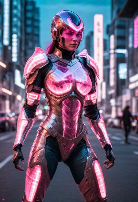 by night woman wearing translucent glowing pink glass armor, holographique armor, standing on a futuristic city street, fighting pose, hdsrmr, nhdsrmr