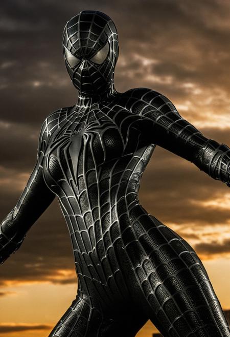score_9, score_8_up, score_7_up, best quality, realistic, masterpiece, beautiful detail, hyperrealistic, afternoon sky, ((1girl, woman body, big breasts)), amazing detailed full body portrait of a beautiful girl, wearing a realistic and highly detailed black raimi spider-man suit, ((huge muscular girl)), ((wears black spiderman mask)), professional model wears ultra - detailed black raimi spider - man suit, ultra - detailed and grained black raimi spiderman suit, suit covered entire body and hand, black spiderman gloves, wet, (spider pose), (full body), (dirty skin), close up, octane render, highly detailed, volumetric, dramatic lighting, (highest quality:1.1), (HDR:1.3), (top quality, best quality), realistic, high definition,