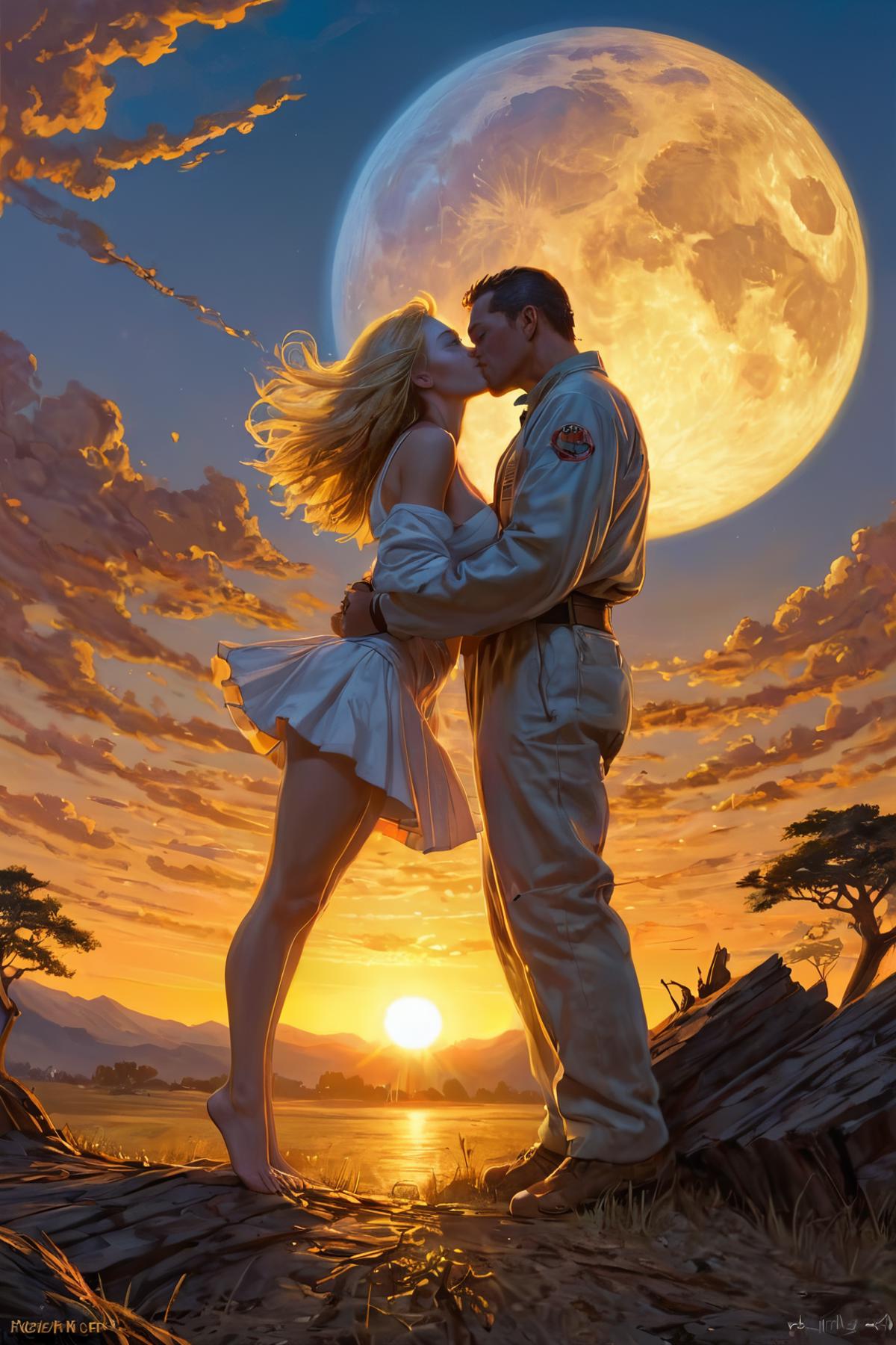 A man and a woman kissing under a moonlit sky.