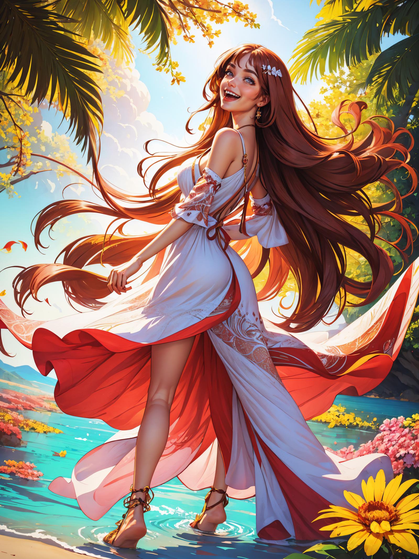 A pretty girl wearing a white dress with a red skirt stands on a beach.