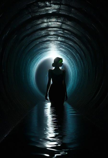 tunnel, sewer tunnel, reflection, creepy, dark, dirty, beautiful, silhouette, 1girl, UHD, 8K, masterpiece, detailed, ultra_high_resolution, lots of detail, artistic, natural elements, opulence, high resolution, digital art, visual aesthetics, contemporary design, vibrant colors, reflective surfaces, artistic composition, high contrast, elegant, intricate detailing, 8k RAW photo, quilling, artistic blur, unusual colors, fractal art, radiant vibe,