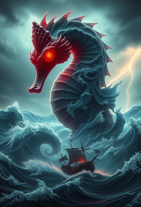 "Image of a gigantic seahorse made of raging water, its body a swirling vortex of turbulent sea. Its red eyes glow with an otherworldly energy, casting a blood-red light on a small ship that cowers in its presence. The seahorse's'mouth' is a churning maelstrom of water, as if it's about to devour the ship whole. The ship's sails are torn and tattered, its crew cowering in fear as the seahorse's curse is spoken: 'Sail for all eternity in this endless storm!' The stormy sea rages on, with lightning illuminating the dark clouds and waves crashing against the ship. Style: dramatic, ominous, and mystical, with a focus on capturing the terror and awe of the seahorse's curse." Absurdres Highest-Quality, 4k