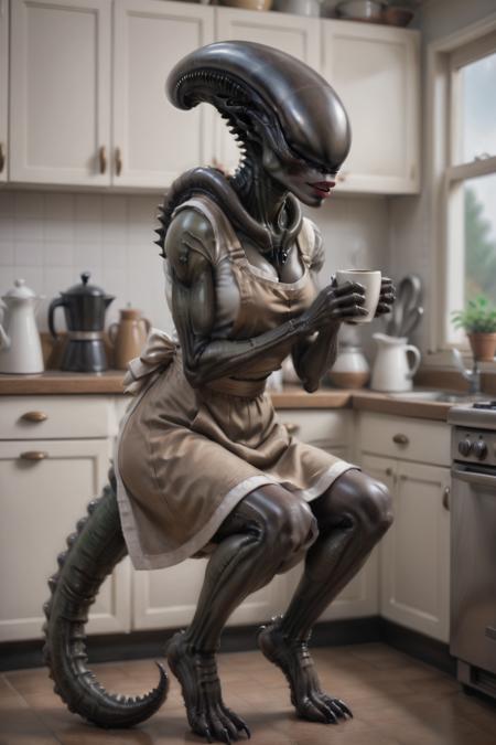 female xenomorph in a kitchen wearing a brown apron, white wool top, <lora:female_xenomorph_xenowaifu_sdxl:0.75> lips, tail, 50s housewife, drinking a coffee, crouching, black skin, bow