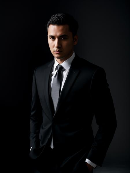 1man, studio portrait, dramatic shadows, three point lighting, key light, rim light, wearing black suit, short hair, dark background