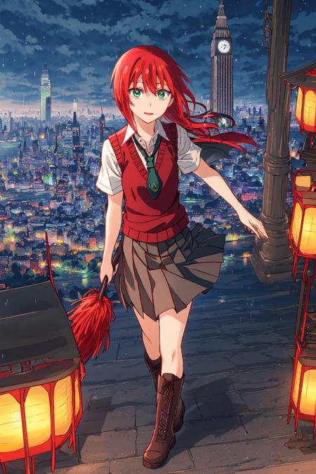 <lora:HatoriChise-000002:0.9> hatorichise, 1girl, casual_outfit, black_skirt, boots, cross-laced_footwear, full_body, green_eyes, lace-up_boots, necktie, pleated_skirt, red_hair, school_uniform, shirt, short_hair, short_sleeves, sweater_vest, white_shirt, short red hair, full body, grey skirt, standing on path, rural area, kyscraper, city, cityscape, building, city lights, scenery, night, skyline, architecture, bridge, sky, lantern, east asian architecture, star (sky), night sky, snowing, pagoda, starry sky, tower, outdoors, rooftop, rain, 1other, cloudy sky, cloud, railing,,solo, long legs, tall, holding staff, holding,