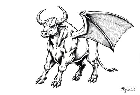 fantasy, ink art, comic style art, bull is standing with four feet, feet has 3 claws, bat wings, muscular , looking at left