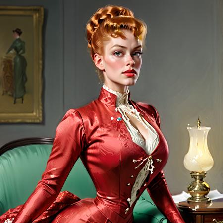 1boy, 1girl, masterpiece, 4k, uhd, dynamic action, (Women are tall with good posture. Women have an arched back and small ass,  women are haughty, women are elegant, women are superior, women are beautiful with high and prominent cheekbones, women have beautiful natural warm skin tones and long and luxuriant (blonde:auburn:0.3) hair, Women are slim with massive breasts. Women wear fitted Edwardian jacket  dresses and narrow skirts. Women are hale and hearty and mirthful.   Women have full lips and a slight sneer,:0.9) Men are tiny and short, men are sniveling and nervous, men have short hair and timid expressions. The scene is moody, (the dominant color being the bright red color of the woman's lips:0.7). an oil painting by Charles Dana Gibson. (An elegantly dressed, very tall and haughty young Gibson Girl in a palatial room:1.3) <lora:hand 4:1>hand  <lora:Gibson_XL:0.5> by g1bs0n <lora:Belle_Epoque_Dresses_1880-1914_XL:0.6> frilly silk and rich brocade 1900_dr3ss <lora:officialpit_style_xl_ilff:0.9> big breasts, dark-skinned male, interracial, female focus, high heels