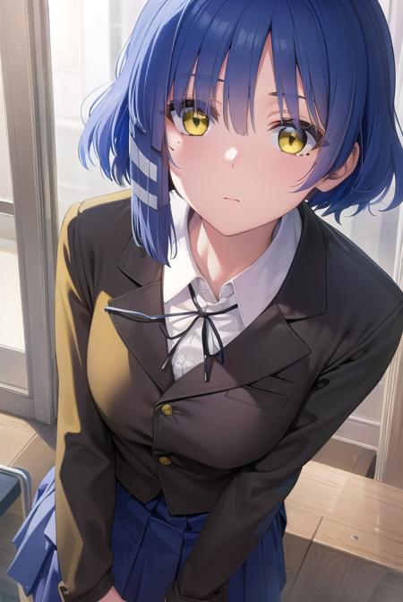 ryouyamada, <lora:ryouyamada-lora-nochekaiser:1>, 
ryou yamada, blue hair, eyes visible through hair, mole, mole under eye, short hair, (yellow eyes:1.5), hairclips,
BREAK black pantyhose, black ribbon, blue skirt, brown footwear, loafers, long sleeves, pantyhose, ribbon, school uniform, shimokitazawa high school uniform, shirt, shoes, skirt, white shirt,,
BREAK indoors, classroom,
BREAK looking at viewer, (cowboy shot:1.5),
BREAK <lyco:GoodHands-beta2:1>, (masterpiece:1.2), best quality, high resolution, unity 8k wallpaper, (illustration:0.8), (beautiful detailed eyes:1.6), extremely detailed face, perfect lighting, extremely detailed CG, (perfect hands, perfect anatomy),