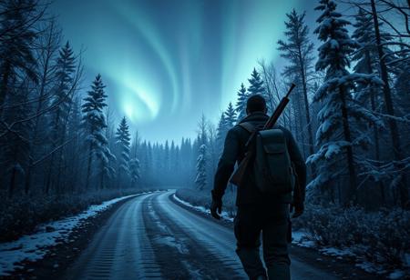 Male DayZ Survivor with a rifle on back walking down a dirt road in a snowy forest with aurora in the sky