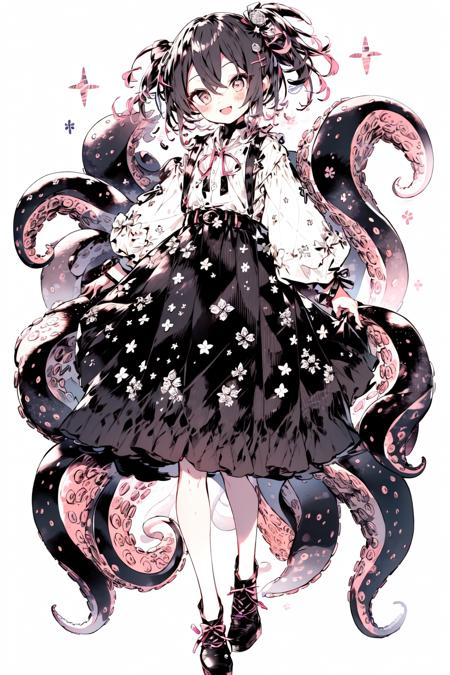 <lora:Cthulhu:1>, 1girl, tokino sora, star hair ornament, star (symbol), solo, virtual youtuber, hair ornament, brown hair, ribbon, hair ribbon, official alternate costume, skirt, shirt, long hair, brown eyes, full body, long skirt, hair flaps, white background, looking at viewer, smile, open mouth, simple background, pink ribbon, hairclip, belt, long sleeves, bangs, shoes, blush, pink shirt, jewelry, standing, black skirt, white shirt, bracelet, hair between eyes