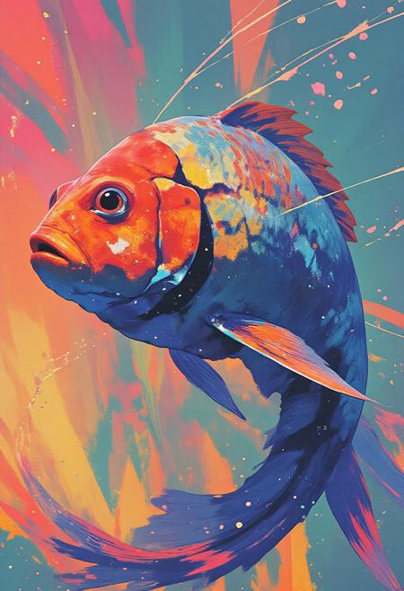 A vibrant, surreal digital artwork featuring a stylized, fantastical depiction of a fish’s head and fins. The fish is adorned with intricate, fluid patterns in bright coral orange, iridescent teal, pearlescent white, and deep sapphire blue that accentuate the shimmering scales and delicate fins. Highlights of vivid magenta and golden yellow run along the edges of the fins, creating a luminous effect, with colorful outlines in gradient hues of electric lime, cyan, and rose pink, enhancing the artwork’s vibrancy. The fish’s large, reflective eyes display flecks of emerald green and lavender, adding to its mystical quality. The flowing fins and scales seamlessly blend into swirling, abstract patterns in the background, transitioning between vibrant coral pinks, oceanic blues, sunset purples, and accents of gold, turquoise, and white. Splashes of electric lime and hints of crimson red add depth and contrast, while the colorful outlines emphasize the fluid shapes and movement. The fish’s head is positioned slightly to the left, with its eyes gazing off to the right, capturing a serene and ethereal ambiance amidst the kaleidoscope of colors.