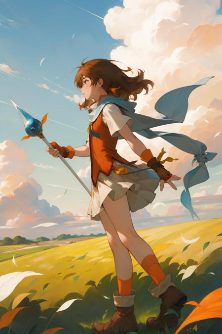 masterpiece, best quality, feMist, white scarf, orange vest, yellow dress, fingerless gloves, orange socks, boots, holding staff with both hands, sky, field, clouds, side view, wind, leaves blowing in the wind <lora:mist-nvwls-v2-000012:0.9>