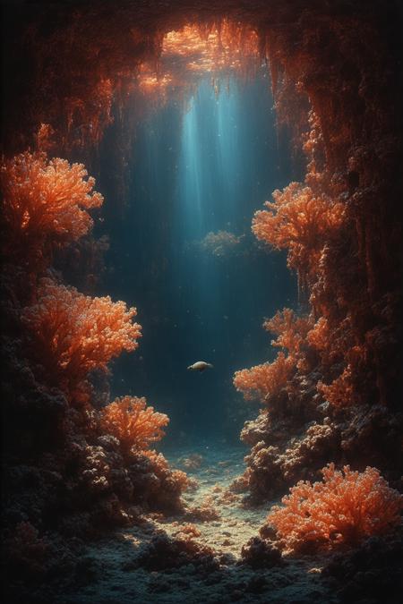 A hulking research submarine glides silently through an abyssal seascape, twin headlight beams slicing through inky sapphire depths to illuminate a cathedral of undulating coral formations. Low-angle perspective from the ocean floor emphasizes the sub's colossal scale against delicate fan corals glowing in bioluminescent amber and crimson. James Gurney's luminous realism meets Art Nouveau's sinuous lines in a palette of midnight azure, volcanic orange, and blood-red corals textured with crystalline ridges and velvety polyps. Shafts of light fracture through suspended plankton, casting prismatic halos around barnacle-encrusted steel hull plating. A lone sea turtle drifts through the beams, its shell catching metallic highlights as it passes beneath a crumbling coral archway - nature's cathedral dwarfing human intrusion.