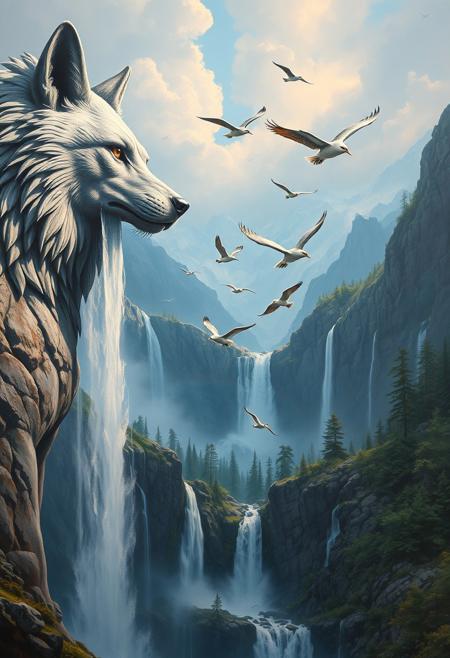A painting of a majestic continent, Stone wolf statue, A waterfall flows from the wolf's mouth, with migratory birds taking flight from the vast wilderness.
There are numerous waterfalls and rainbows.
best quality, sharp focus, high contrast, colorful, ultra quality, 8k, best quality ,Oil Painting,