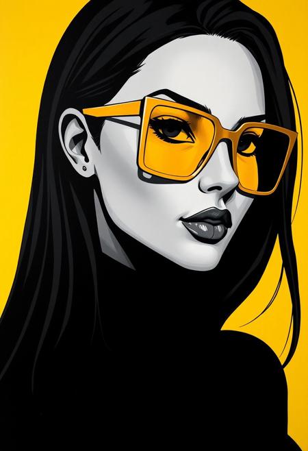 Close-up of a stylized female portrait. 
The figure is rendered in a grayscale palette, with a deep black color for clothing and hair, set against a vibrant yellow background.  The woman has long, dark hair that falls down her back.  Her facial features are defined, with a strong jawline and a confident expression.  She is wearing large, square-framed sunglasses with amber or yellowish-gold lenses.  The sunglasses are a noticeable feature, contrasting sharply with the surrounding dark tones. 
A turtleneck-style top is visible, further enhancing the silhouette.  The overall style is fashion-forward and somewhat dramatic, emphasizing form and contrast against the background. The figure is presented in a three-quarter profile view.
<lora:FLUX-daubrez-DB4RZ-v2:1> DB4RZ, DB4RZ style painting