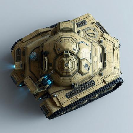 ((top view)), (tank),
Wide and flat tank with an arched dorsal spine and side-mounted armor slabs.
Chassis: Regenerative plating arranged in layered hex cells. Vines of nano-cabling crisscross beneath the surface.
Tracks: Wide dual treads with spore-filter grills covering each tread module.
Details: Bio-gel sacs protrude along side armor; side compartments vent steam during overclocked regen.
Lights: Blue-green capillaries shimmer under armor. Thin halos radiate from under tread housings.