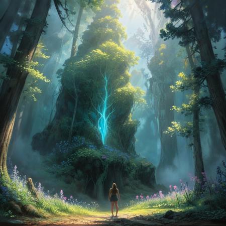 (Giant benevolent creature encounter in the forest:1.4), (masterpiece:1.4), (best quality:1.4), 4k Ultra HD, HDR, (hyper-detailed), vibrant colors, magical atmosphere, detailed_shadows, ethereal lighting. A majestic giant stands amidst ancient trees, its gentle eyes reflecting wisdom and kindness. Its skin has a textured, bark-like appearance, blending harmoniously with the forest surroundings. The creature towers above, yet exudes warmth and peace, with soft, sweeping movements. Lush greenery and delicate wildflowers surround its feet, accentuating its connection to nature. Dappled sunlight filters through the canopy, creating a tapestry of light and shadow on the creature's form. In the foreground, a human stands in awe, emphasizing the towering scale and serene aura of the scene. The composition captures the mystical essence and serene beauty of this extraordinary encounter.