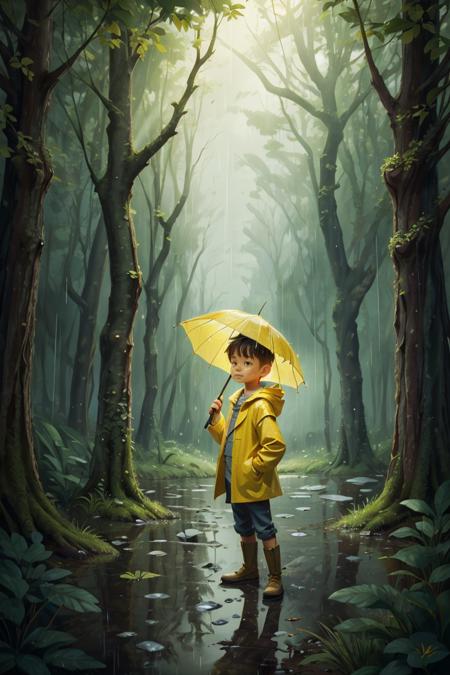 masterpiece, best quality, forest, rain, 1boy,yellow raincoat, glow magic ,fantasy<lyco:GoodHands-beta2:1.0> ,