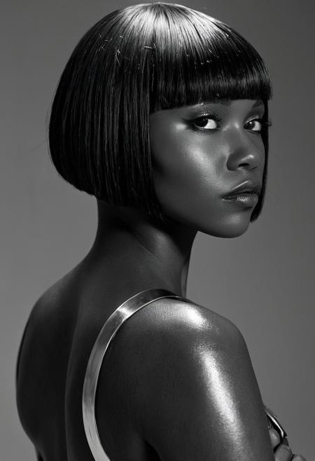 a high-fashion editorial image of a woman with a precision-cut geometric bob, ultra-short blunt bangs far above the eyebrows, dark skin african flat shiny black hair hugging the scalp, sharp straight lines, ears fully visible, stark minimalist composition, high-contrast lighting, futuristic and avant-garde look, grayscale background