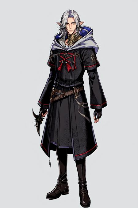 Urianger,  looking at viewer,  gloves,  standing,  full body,  weapon,  black gloves,  belt,  hood,  fingerless gloves,  coat,  hood down,  robe,  arms at sides, <lora:EMS-48060-EMS:1.000000>