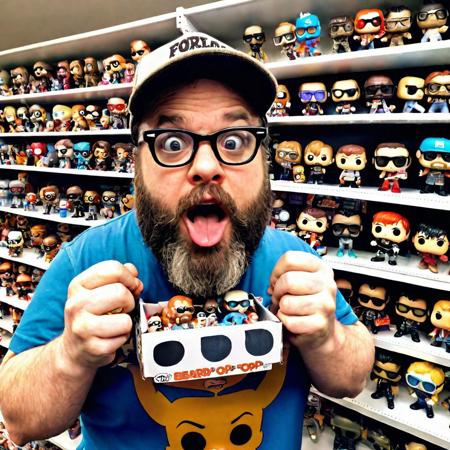 Man with beard and glasses holding a Funko Pop at the camera with his mouth open. The entire room is filled with shelves of Funko Pops.