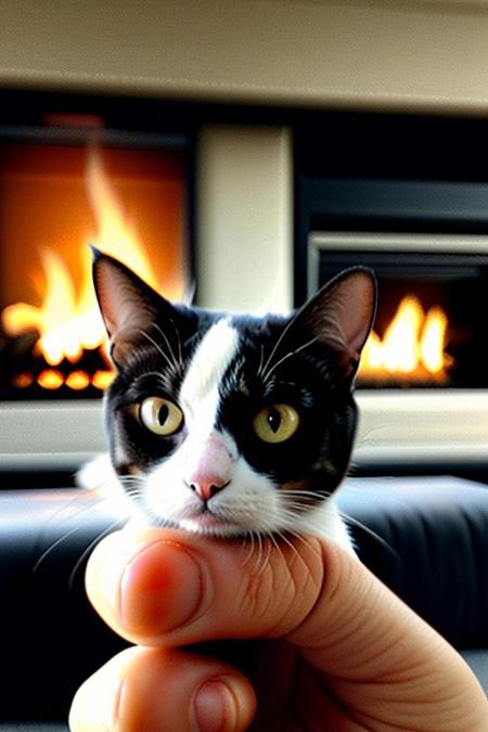 a cat smoking a cigar, sitting on black couch, fireplace,  close up, face,  <lora:vhs:1>