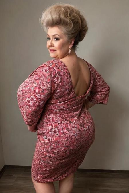 ((full body pose, frontal view)), ((((huge   back combed   thick bouffant hairdo  )))), busty very old woman, fat curvy body, (((face of a 70 year old woman))), ((exotic makeup))