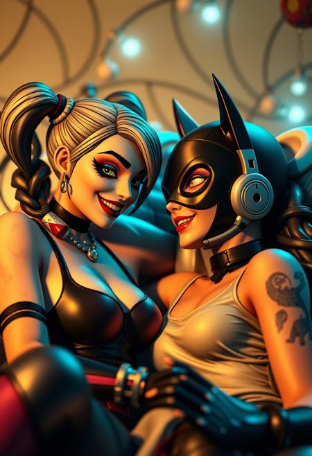 score_9, score_8_up, score_7_up, 4K, UHD
(((Borderlands video game style shading)))
Intricate Details, Amazing Quality, 
Harley Quinn, Catwoman, best friends, sleepover, slumber party,