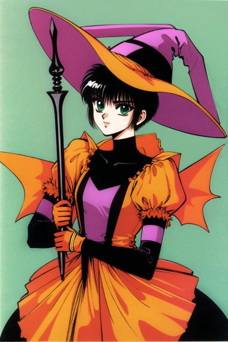 Hokuto Sumeragi, 1girl, solo, trident, weapon, wings, polearm, gloves, short hair, black hair, hat, retro artstyle, 1990s (style), green eyes, elbow gloves, witch hat, dress, halloween, <lora:Tokyo Babylon:0.8>