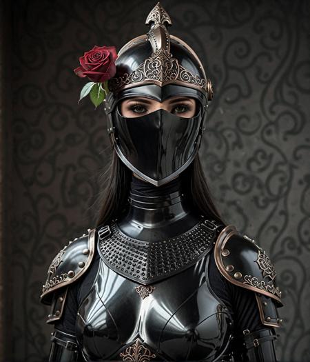 1200x1400, 1200 x 1400; Amidst the opulent court of a queen, one knight stands out. Clad in blackened plate armor, polished to a mirror sheen, she is known as the Iron Rose, the queen's most trusted protector. Her helmet, adorned with a single, exquisite rose crafted from iron, never leaves her side, a symbol of her unwavering loyalty and the iron will that lies beneath her stoic exterior., black face shield, All surface textures are highly realistic and varied, even on the same surface, showing the attention to detail of reality, and the painstaking time taken to craft this image. Even things like eyelashes are in some areas slightly more or less sparse and varied to ensure a realistic appearance, and this level of care applies to every centimeter of the picture. In reality, things are rarely perfect, and flaws are considered beautiful, and this image embraces and uses these flaws to create true believable beauty. From the varying textures of surfaces, each one bringing something new and unique to the composition, and the imperfections or random variation in anatomical configurations, each things is perfect in its imperfection, The most compelling work of art ever produced, every intricate detail holding a narrative or philosophical concept that entrances. The entire composition is lauded by the modern masters as truly mesmerizing, the artwork itself considered by some too sacred to even show the common world. The work is dynamic and complicated, with multiple forms of media layered in complex and innovative ways, at times mind-bending in the creative solutions the artist found to produce what is lauded as the only truly creative work ever produced by mankind