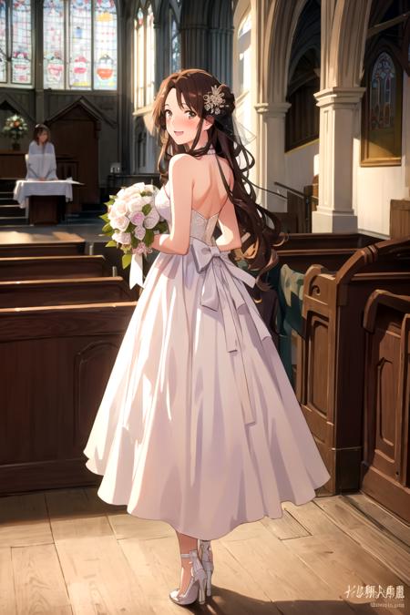 masterpiece, best quality, 1girl, solo, beautiful, Miki Okudera, brown hair, long hair, cityscape, wedding dress, full body, from behind, laughing, church, blurry background, close-up, looking at viewer, (blush:1.1)