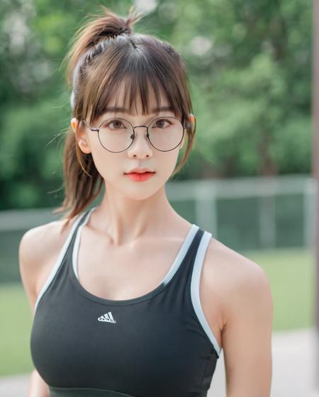 (best quality:1.4), (ultra highres:1.2), (photorealistic:1.4), (8k, RAW photo:1.2),(portrait shot:1.3), pinomyim, 1girl, solo, looking at viewer, bangs, brown hair, upper body, outdoors, blurry background, realistic, glasses, round eyewear, ponytail, realistic, Perfect Hands, sports bra, black shirt, <lora:neg4all_bdsqlsz_xl_V7:0.8>, <lora:Perfect Hands v2:0.8>, <lora:pinomyim-000050:0.5>