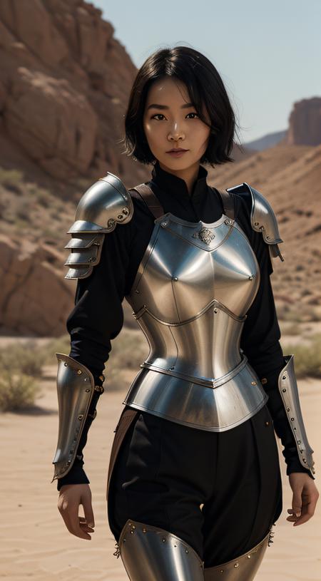 korean woman (knight, short black bob hair, holding a sword, on a desert place), looking at viewer, wearing a leather pants, cuirass, gorget, pauldron, couter, vambrace, gauntlets, cuisses, greaves, sabatons, poleyn, tasses, plackard, rerebrace, breastplace, faulds, scabbard, gardbrace, shoulder armor,