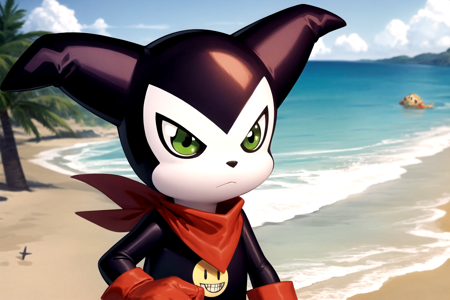 masterpiece, best quality, impmon, solo, digimon \(creature\), bandana, green eyes, gloves, closed mouth, beach background, sand, sea, cloud, blue sky  <lora:Impmon:1>