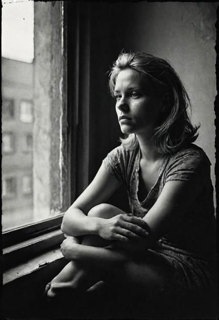 German woman 30 years old sitting in front of a window, low light, medium shot from side, 1990 hairstyle and look, dark mood, ilford hp5 plus 400, medium format camera,shadows,  damaged print, faded, film grain ,vignette, high contrast