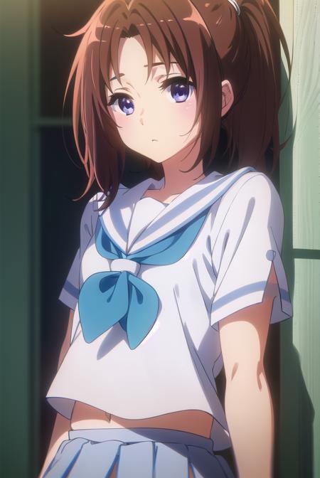 natsukinakagawa, <lora:natsuki nakagawa s2-lora-nochekaiser:1>,
natsuki nakagawa, nakagawa natsuki, long hair, brown hair, (purple eyes:1.2), ponytail, (parted bangs:1.5),
BREAK skirt, shirt, school uniform, white shirt, short sleeves, pleated skirt, serafuku, sailor collar, blue skirt, neckerchief, blue sailor collar, school bag, blue neckerchief, kitauji high school uniform,
BREAK indoors, classroom,
BREAK looking at viewer, (cowboy shot:1.5),
BREAK <lyco:GoodHands-beta2:1>, (masterpiece:1.2), best quality, high resolution, unity 8k wallpaper, (illustration:0.8), (beautiful detailed eyes:1.6), extremely detailed face, perfect lighting, extremely detailed CG, (perfect hands, perfect anatomy),