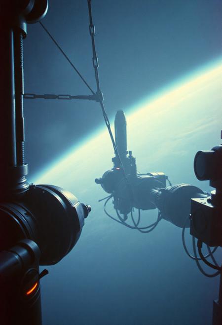 nostalgic, melancholic atmosphere in space -- a retro-futuristic space station docking scene, detailed view of docking glands, mechanical arms, and connection tubes, soft ambient lighting, cinematic framing, light film grain, cold color palette with subtle warm highlights, 1980s sci-fi aesthetic, misty textures, deep shadows -- style of Moebius and Syd Mead -- 8k, ultra-detailed, volumetric lighting, wide angle