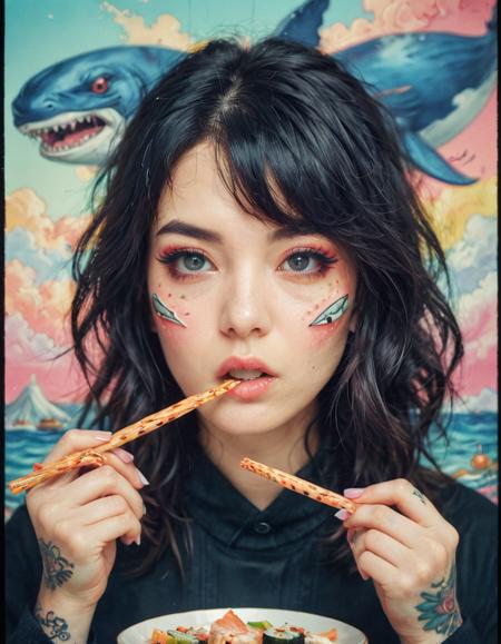 female character, colorful, master color grade, tattoo, black eyes, whale nightmare, eating nigiri <lora:Toy_Camera:0.5> <lora:clothing_slider_v19_000000030:18>