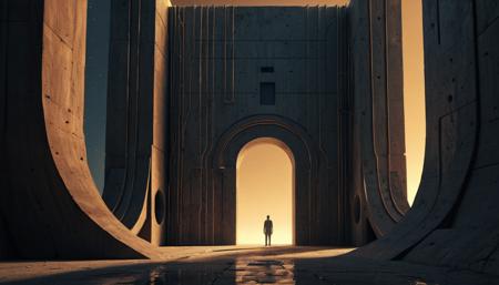 Dreamlike clay-colored walls creating an impossible architecture, a solitary figure standing in a doorway between massive structures, volumetric lighting, warm golden light pools on the concrete, deep indigo sky, a wall with a small window and winding stairs, strong shadows, reminiscent of Giorgio de Chirico, architectural photography, scale, contemplative mood. 8k, photorealistic, DonMM4ch1n3W0rldXL, maxmonolith