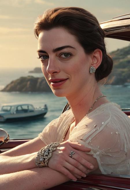 A photorealistic image of Anne Hathaway, with a serene smile on her face, gripping a jeweled dagger and plunging it into her palm. Blood trickles down her wrist, but her expression remains calm and composed. She's behind the wheel of a vintage car, driving down a scenic coastal highway with the ocean sparkling in the background. Style tags: photorealistic, 8k resolution. Additional tags: vintage car, coastal highway, serene expression, blood on hand.