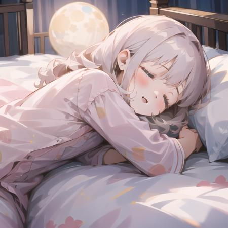 <lora:SleePeace:1.0>, sleepeace, 1girl, pajamas, moon light,, ultra_detailed:1.2