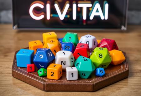 Many colorful polyhedral dice sit on a hexagonal leather dice tray. Cube dice, dodecahedron dice, octahedron dice, icosahedron dice.  All of the dice show the number "1" on their top face.  A neon sign reads "CIVITAI" above.
